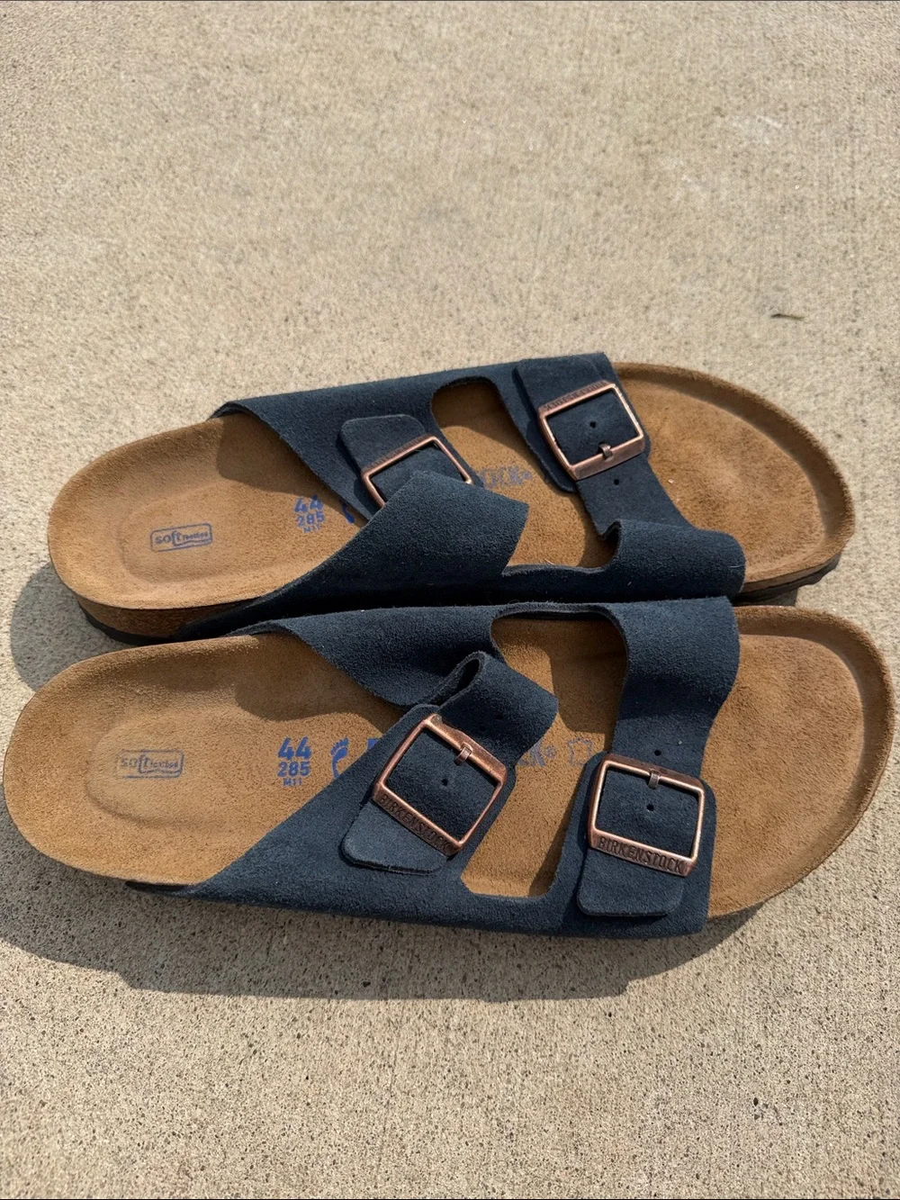 Birkenstock Blue Suede Two-Strap Slide Sandals with Copper Buckles